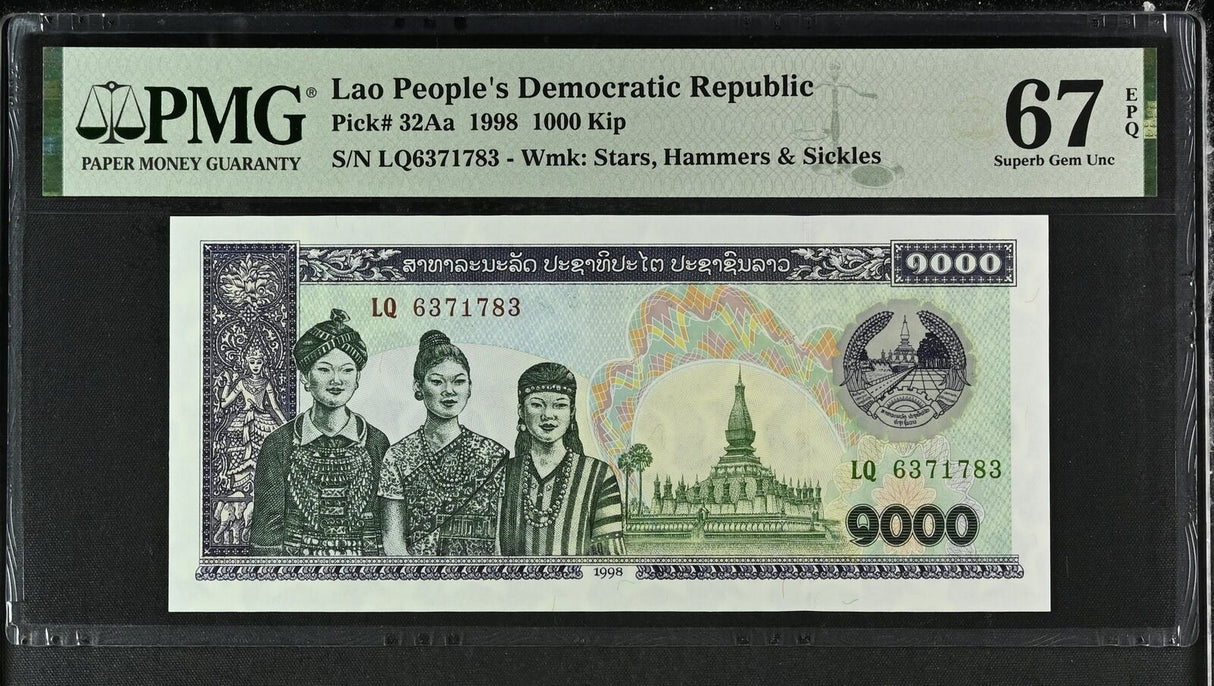 Laos 1000 Kip 1998 P 32Aa Superb Gem UNC PMG 67 EPQ TOP POP