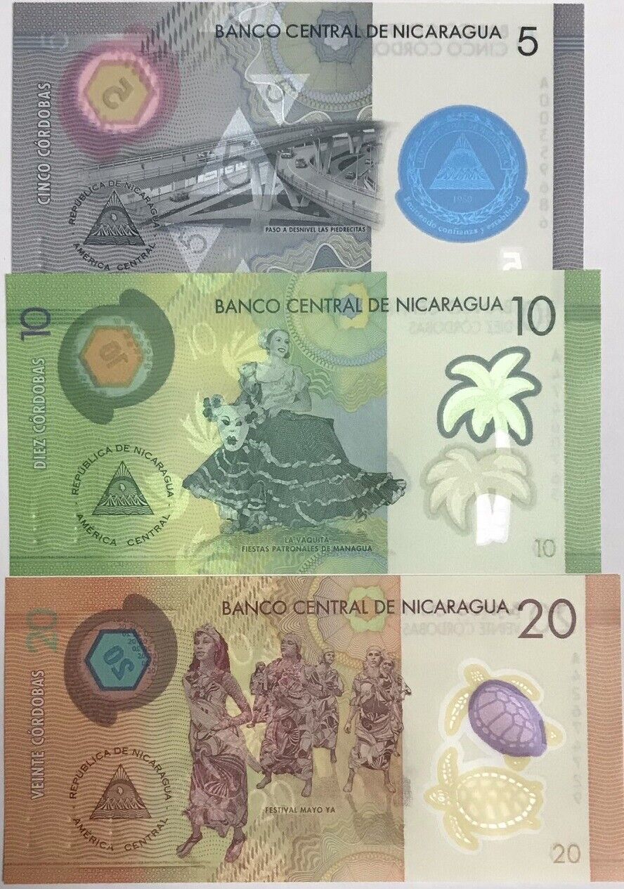 Nicaragua Set 3 pcs 5 10 20 Cordobas 2019-2022 P 209 P 210 P 219 Polymer UNC