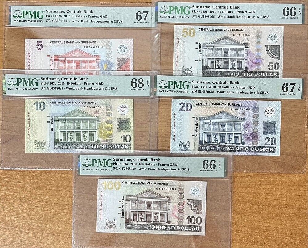 Suriname Set 5; 5 10 20-100 D. 2012-20 P162- 166 Superb Gem UNC PMG 66 67 68 EPQ