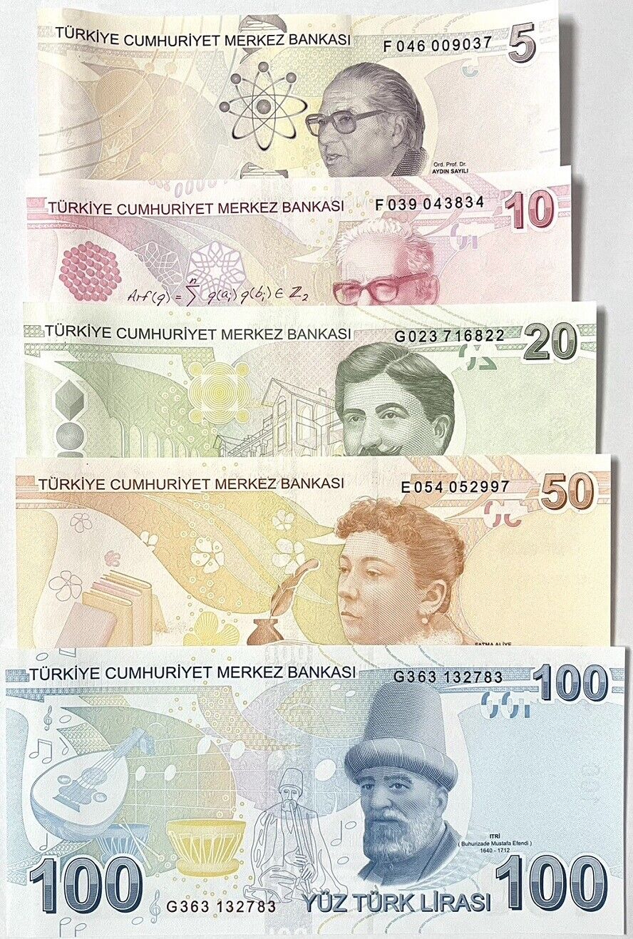 Turkey Set 5 Pcs 5 10 20 50 100 Lira 2009 - 2020 P 222 - 226 Random Sign UNC