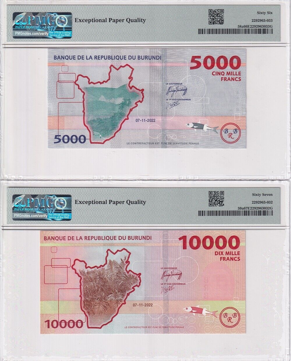 Burundi Set 2; 5000 10000 Francs 2022 P 58 59 Superb Gem UNC PMG 66 67 EPQ