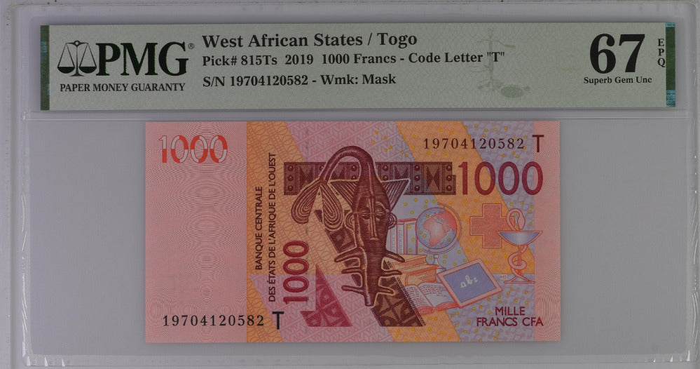 West African States Togo 1000 Francs 2019 P 815 Ts Gem Superb UNC PMG 67 EPQ Top