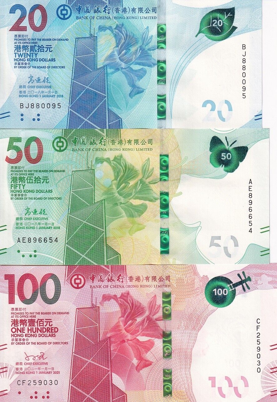 Hong Kong Set 3 Pcs 20 50 100 Dollars Mixed Years BOC P 348 349 350 UNC
