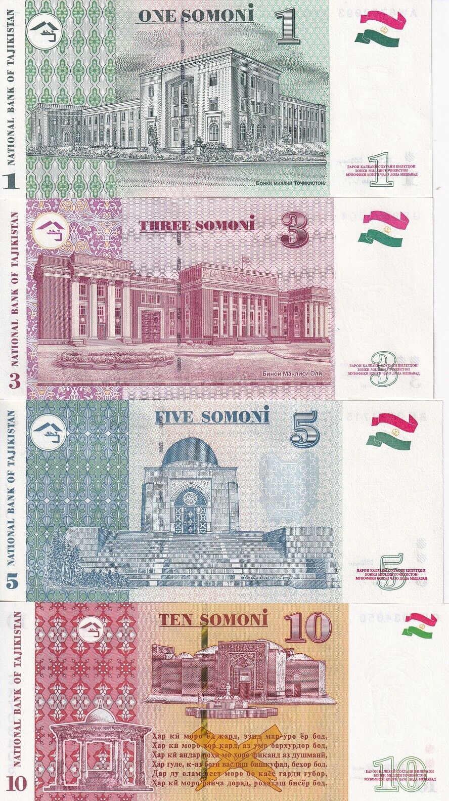 Tajikistan Set 4 Pcs 1 3 5 10 Somoni Random Year P 14A P 15 P 20 P 24 UNC