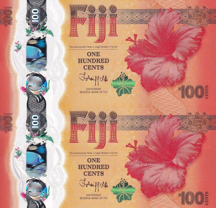 Fiji 100 Cents 2023 Commemorative Dragon P 124 UNCUT SHEET OF 2 UNC