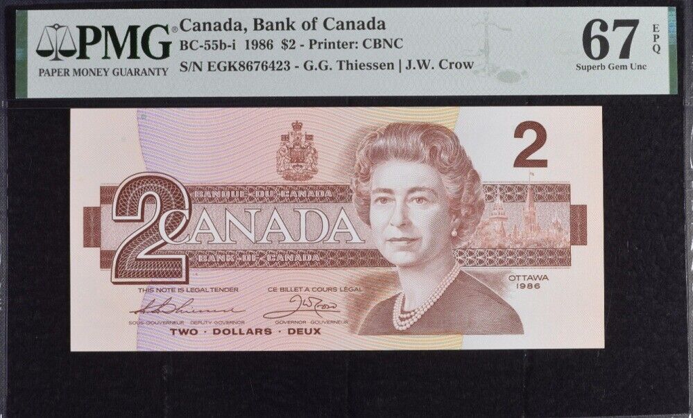Canada 2 Dollars 1986 P 94 Thiessen Crow BC-55bi Superb Gem UNC PMG 67 EPQ NR