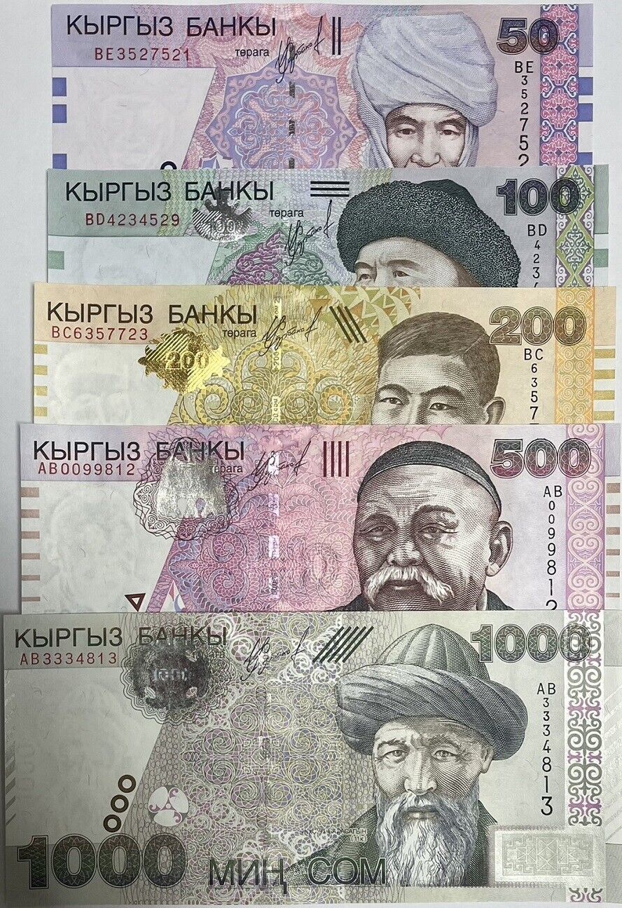 Kyrgyzstan Set 5 PCS 50 -200 500 1000 Som 2000-2004 P 17 18 20 21 22 UNC