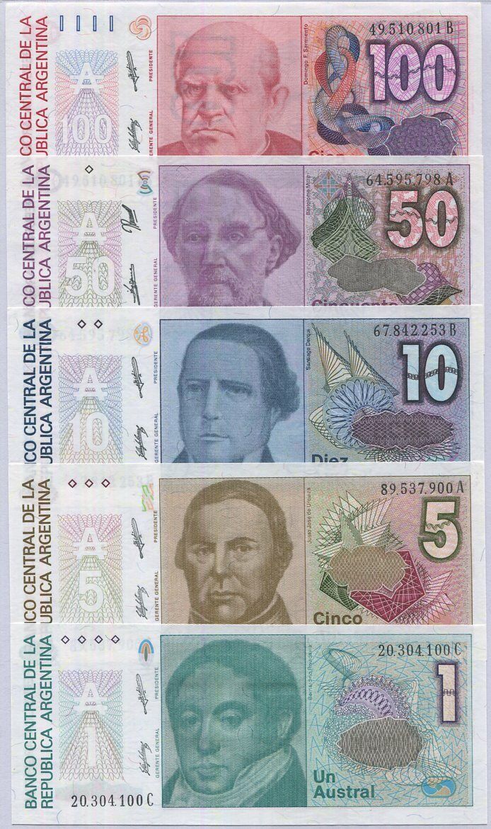 ARGENTINA SET 5 PCS 1 5 10 50 100 AUSTRAL 1998 P 323 324 325 326 327 UNC