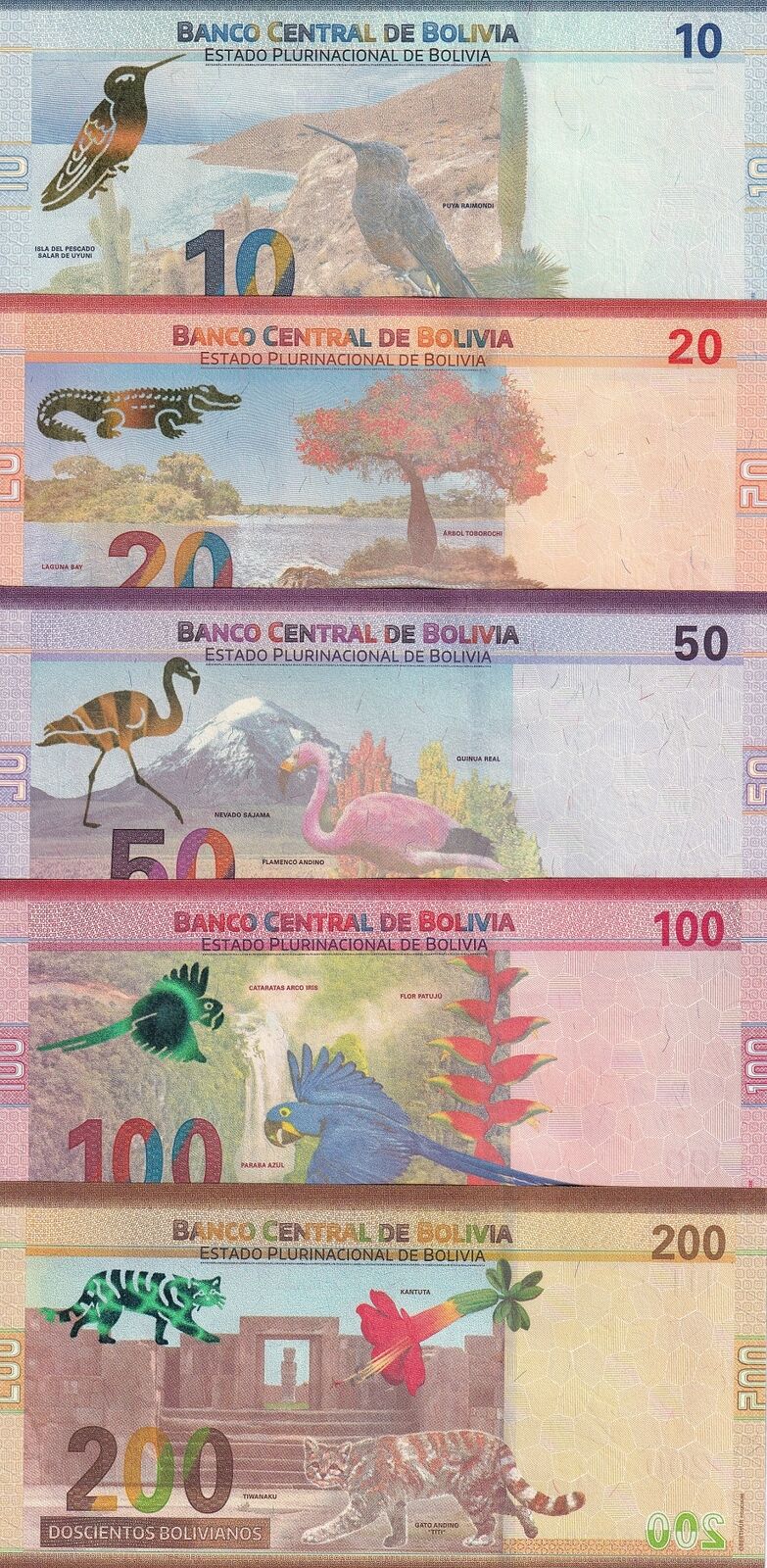 Bolivia SET 5 UNC 10 20 50 100 200 Bolivianos 2018 P 248 249 250 P 251 P 252