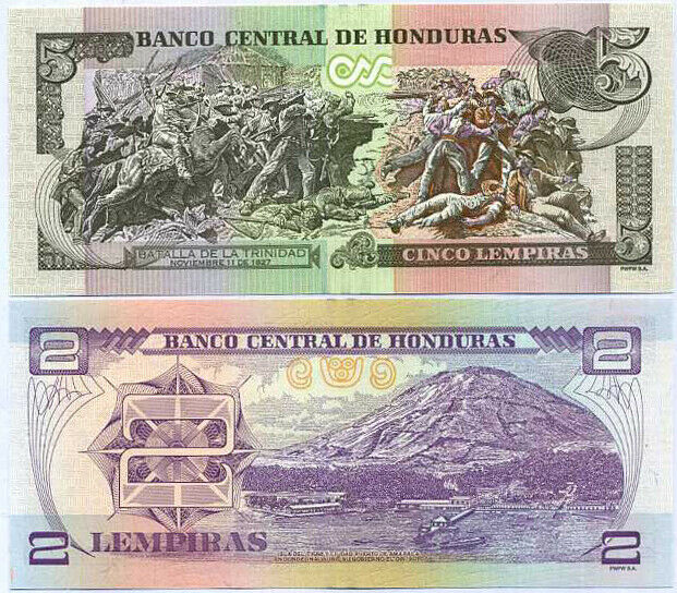 Honduras Set 2 Pcs 2 5 Lempiras Random Year P 97 98 UNC