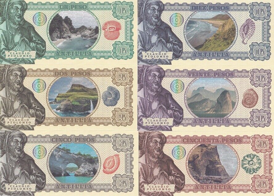 Antillia Set 6 1 2 5 10 20 50 Peso 2017 Fantasy Isle of Seven Cities Camel Lion
