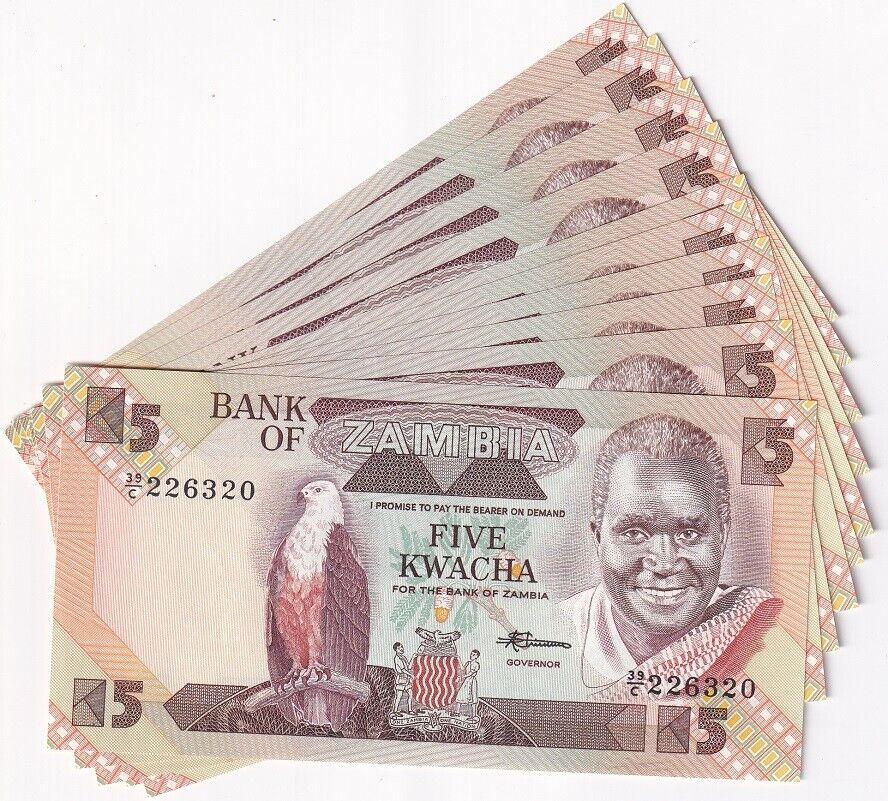 Zambia 5 Kwacha ND 1980-1988 P 25 d UNC LOT 10 PCS