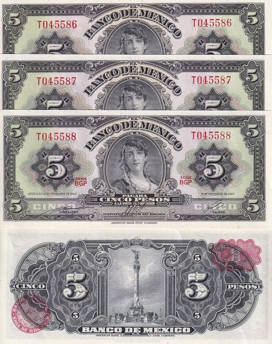Mexico 5 Pesos 1969 P 60 j AUnc LOT 3 PCS