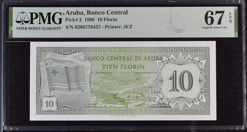 Aruba 10 Florin 1986 P 2 a Superb Gem UNC PMG 67 EPQ
