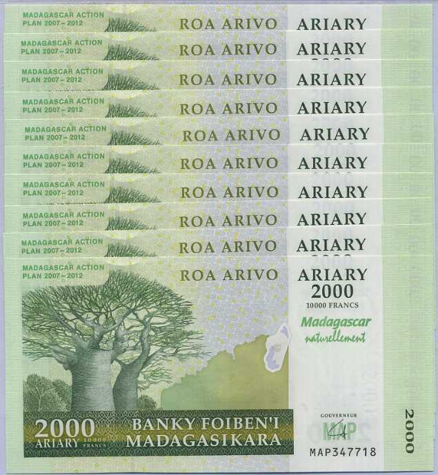 Madagascar 2000 Ariary 2007 P 93 Comm. NATURELLEMENT UNC Lot 10 PCS