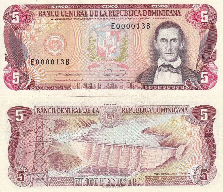 Dominican Republic 5 Pesos 1990 Low serial # 2 Digit P 131 UNC
