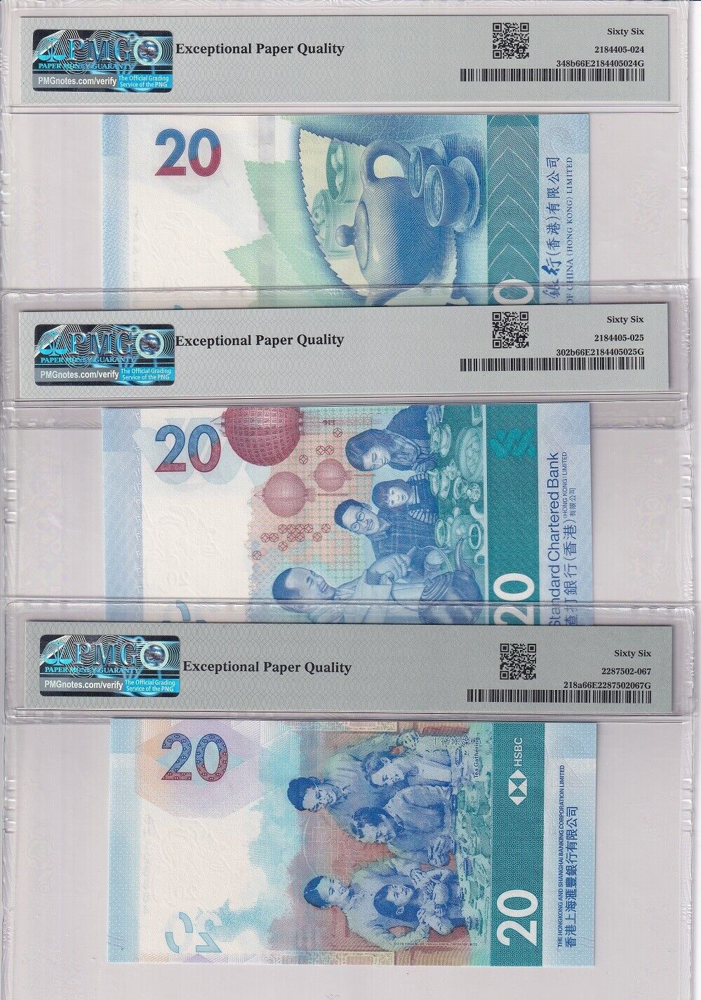 Hong Kong Set 3; 20 Dollars 2018-2021 P 218a P 302b P 348b Gem UNC PMG 66 EPQ
