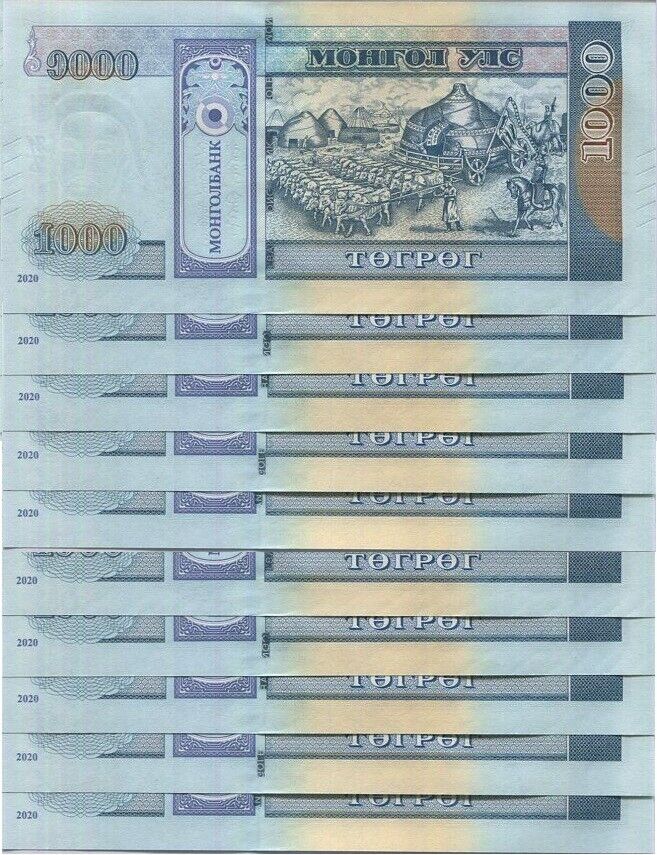 Mongolia 1000 Tugrik 2020 P 75 Blind Mark + New Logo UNC Lot 10 PCS