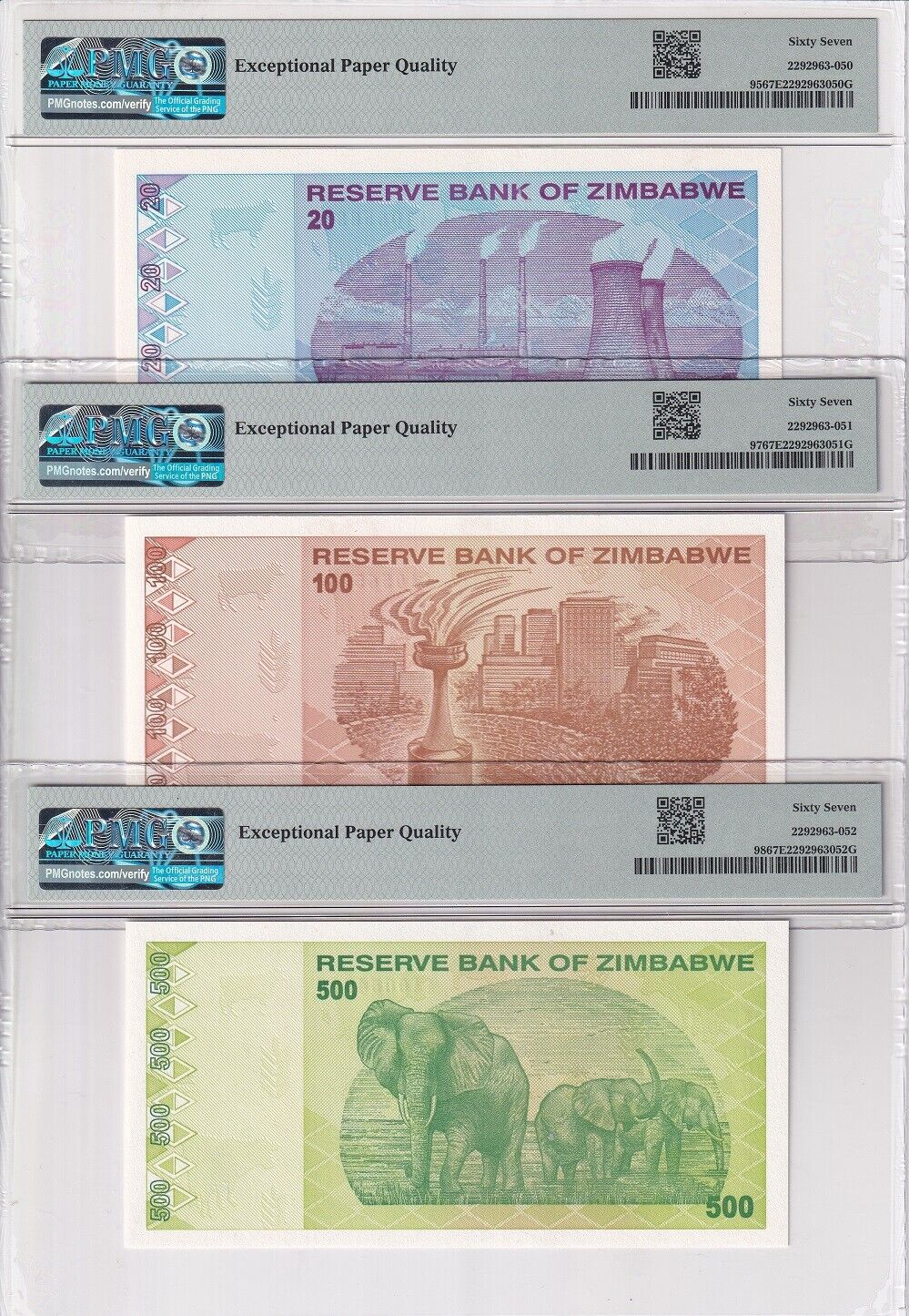 Zimbabwe Set 6; 1 5 10-100 500 D. 2009 P 92-P 95 97 98 Superb Gem UNC PMG 67 EPQ