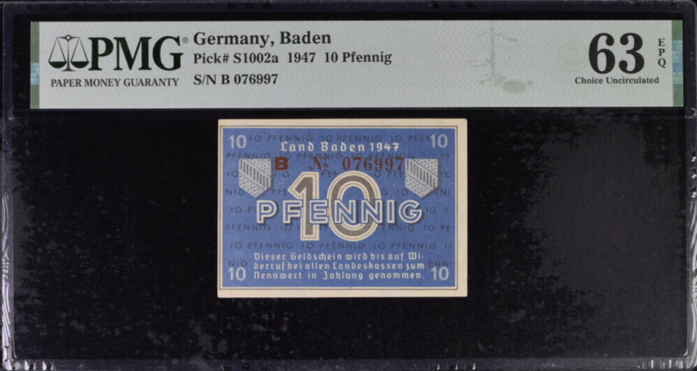 Germany Baden 10 Pfennig 1947 P S1002 a Choice UNC PMG 63 EPQ