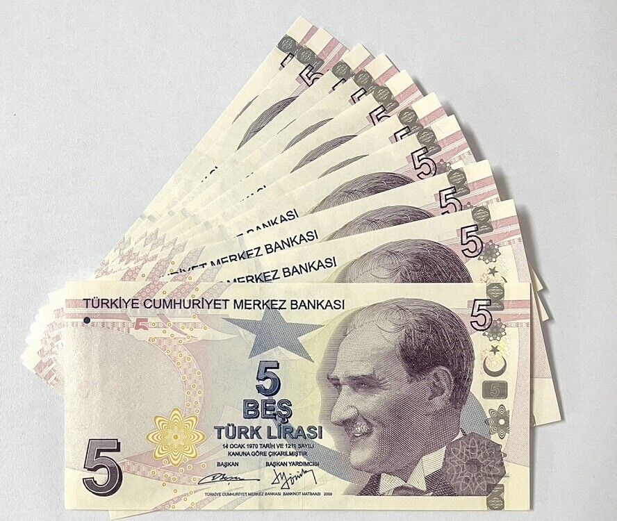 Turkey 5 Lira 2009 / 2013 P 222 Prefix B UNC LOT 10 PCS