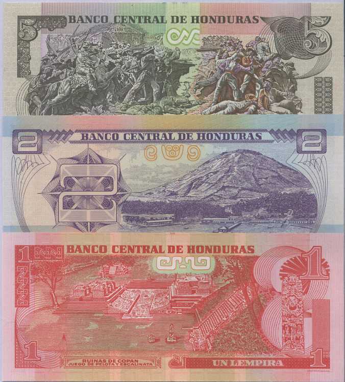 HONDURAS SET 3 PCS 1 2 5 LEMPIRAS RANDOM DATE P 80 96 98 UNC