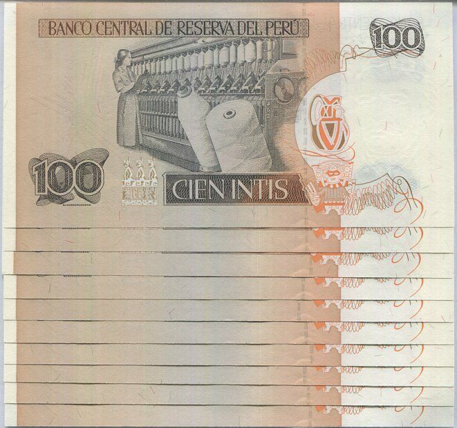 Peru 100 Intis 1987 P 133 UNC LOT 10 PCS 1/10 BUNDLE