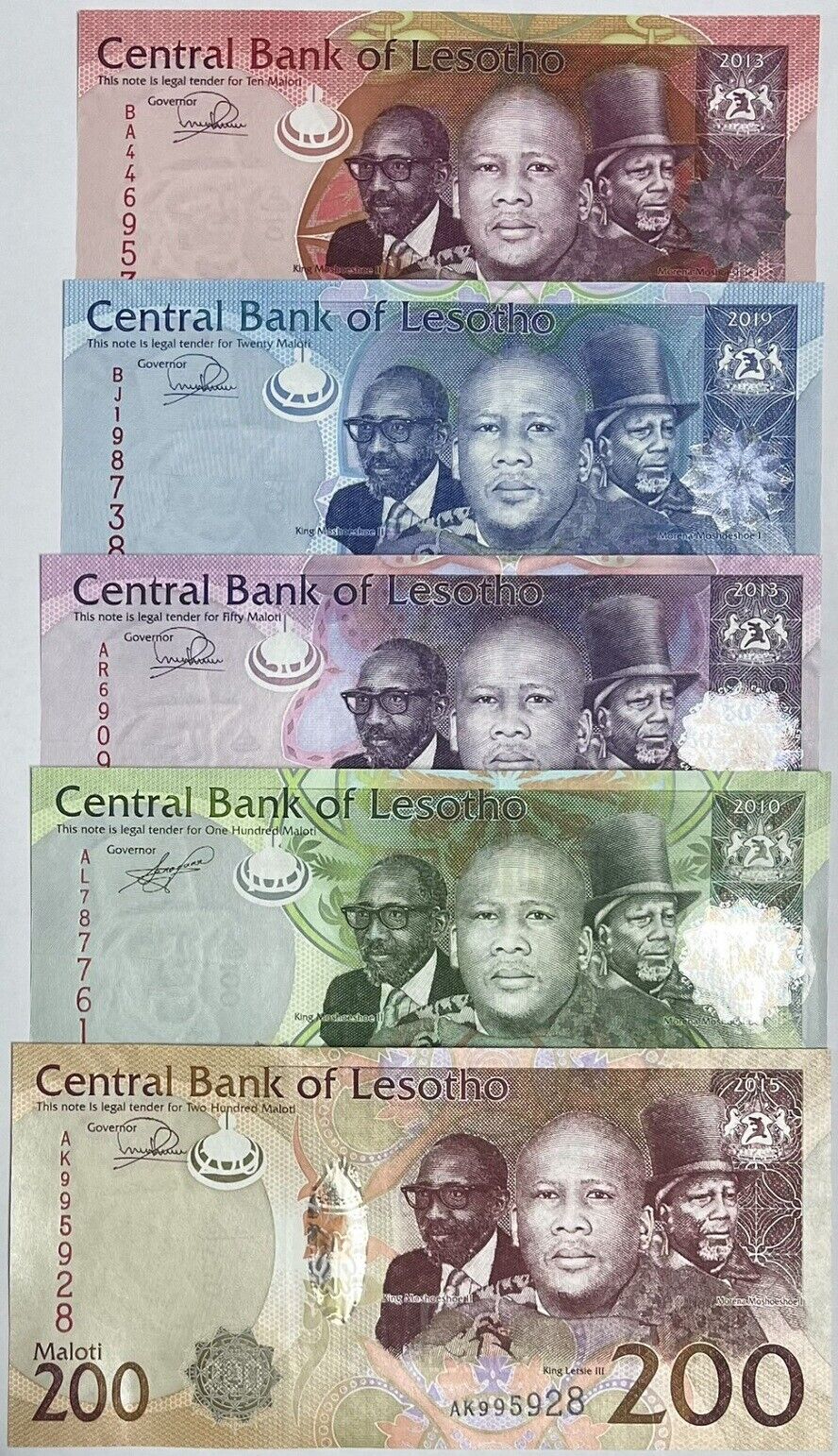 Lesotho Set 5 Pcs 10 20 50 100 200 Maloti 2013-2021 P 21 P 22 - P 25 UNC