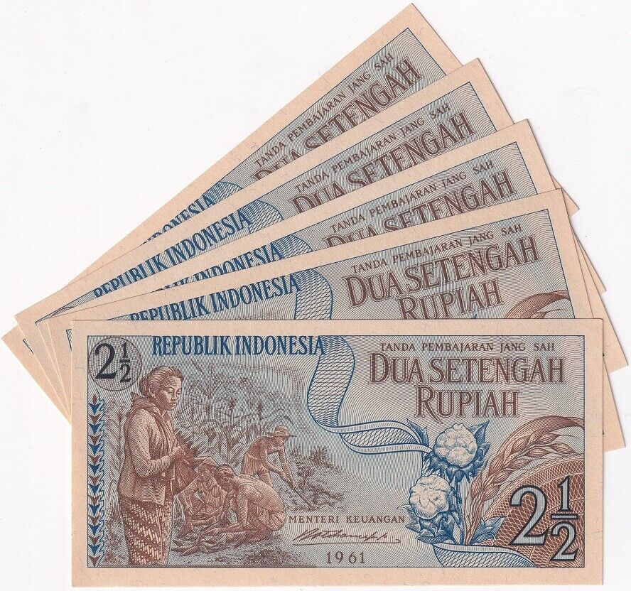 Indonesia 2.5 , 2 1/2 Rupiah 1961 P 79 UNC LOT 5 PCS