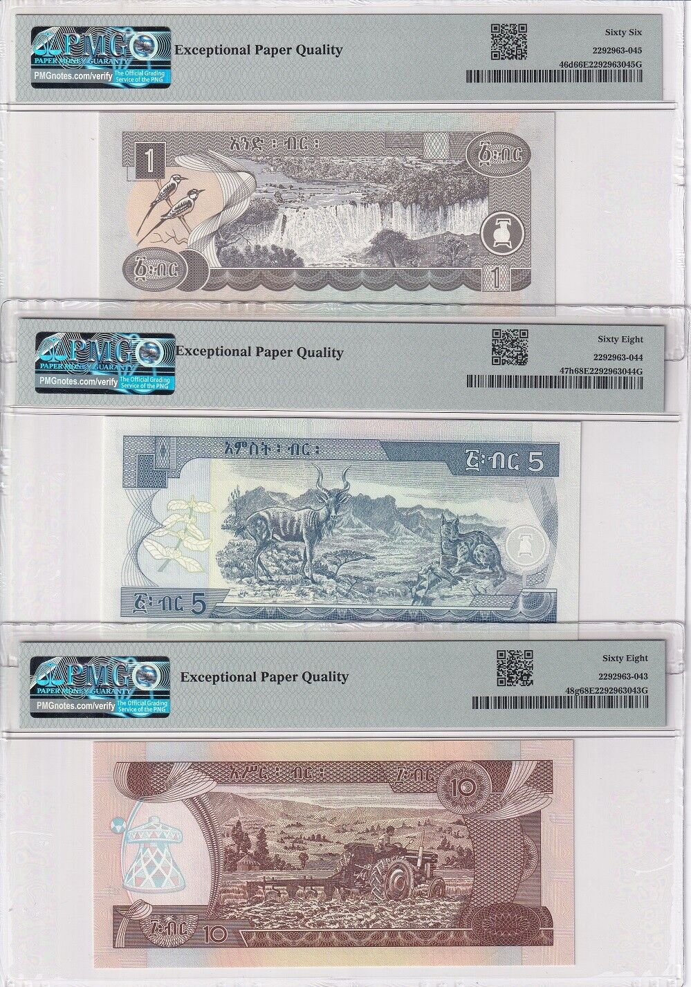 Ethiopia Set 3; 1 5 10 Birr 2009/2017 P 46 47 48 Superb Gem UNC PMG 66 68 EPQ