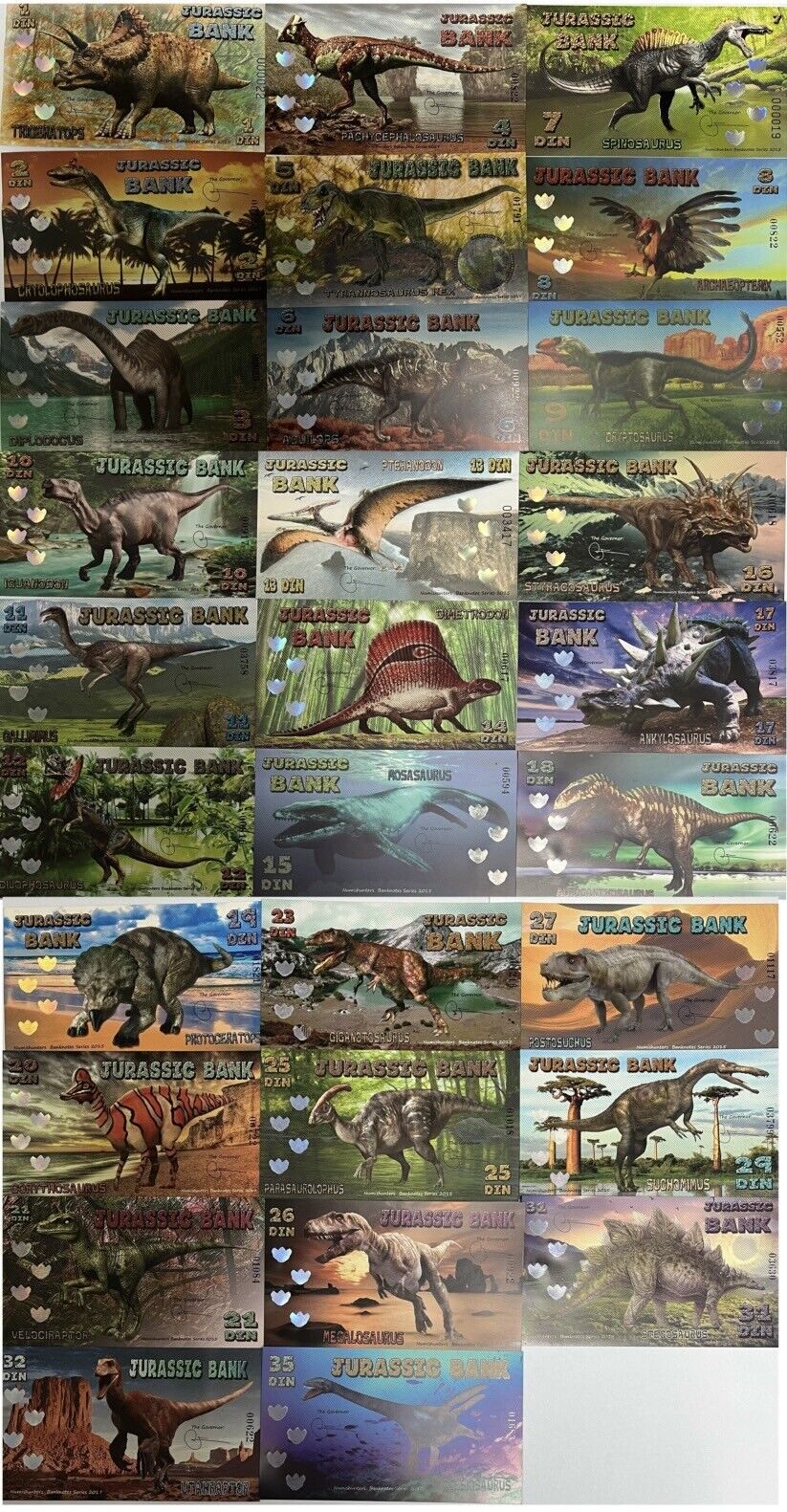 Jurassic Bank Set 29 Pcs 1 - 35 Din 2015 Polymer Dinosaurs