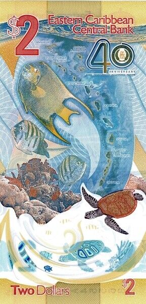 East Caribbean 2 Dollars 2023 2024 40th P 61 Polymer Commemorative UNC