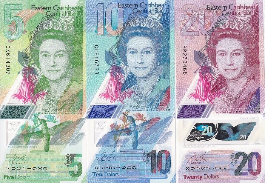 EAST CARIBBEAN SET 3 UNC 5 10 20 Dollars 2019-2021 P 55A 56 57 POLYMER