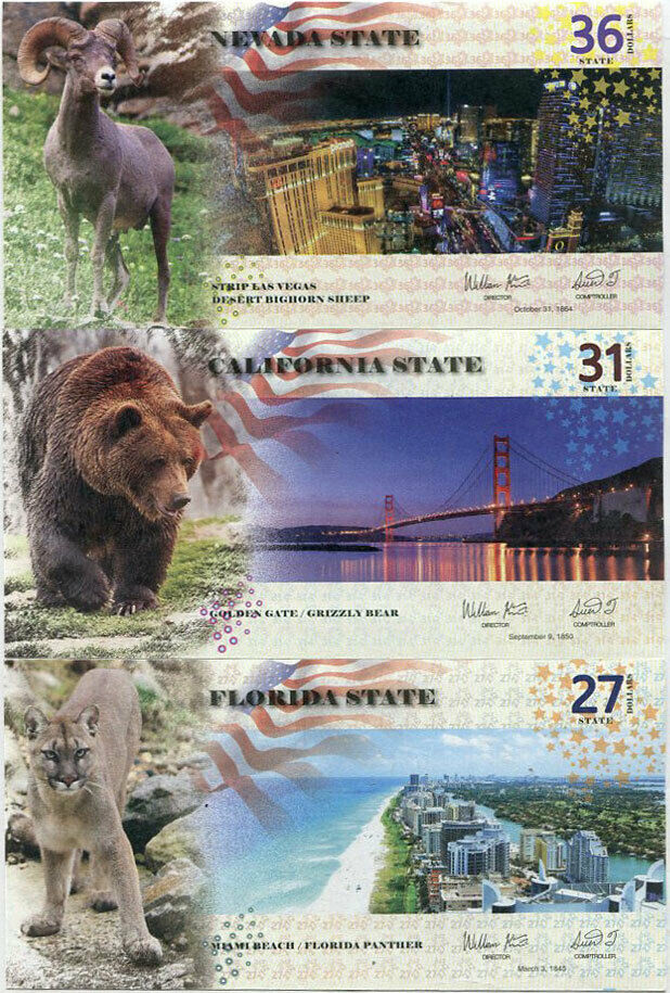 UNITED STATES SET 3 PCS 27 31 36 DOLLAR USA 2016 FANTASFLORIDA NEVADA CALIFORNIA