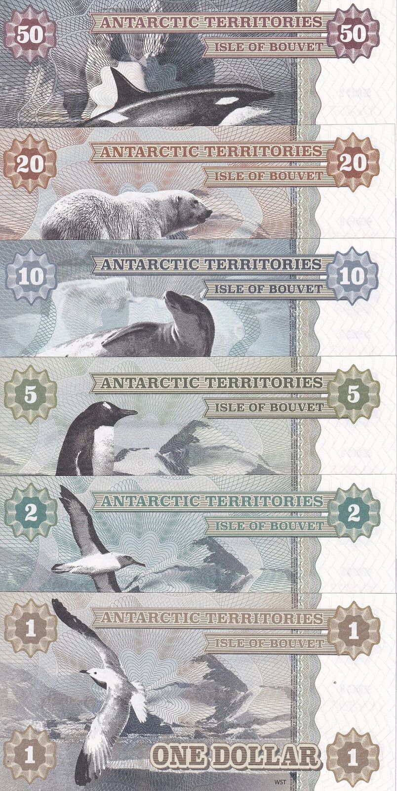Bouvet island Set of 6 1 2 5 10 20 50 Dollars 2014 Antarctic Fantasy