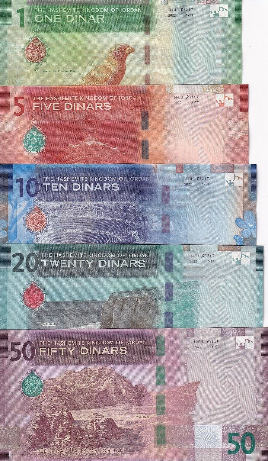 Jordan set 5 UNC 1 5 10 20 50 Dinars 2022 / 2023 P New Design