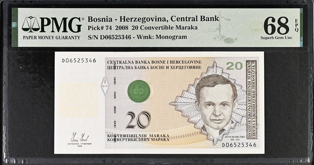Bosnia 20 Convertible Maraka 2008 P 74 Superb Gem UNC PMG 68 EPQ Top Pop