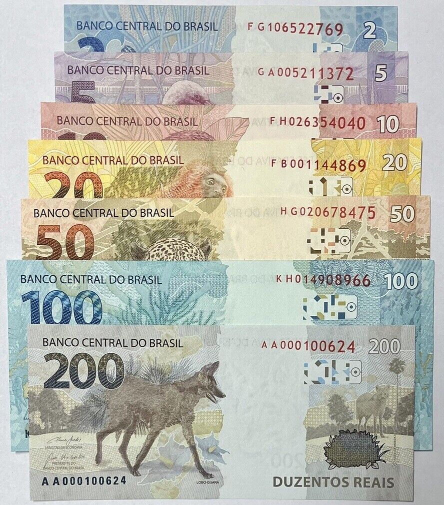 Brazil SET 7 PCS 2 5 10 20 50 100 200 Reais 2010-2020 P 252 P 253- P 258 UNC