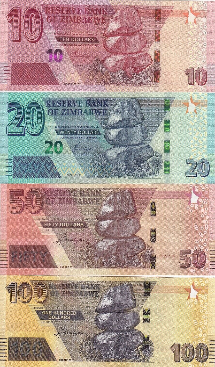 Zimbabwe Set 4 Pcs 10 20 50 100 Dollars 2020 P 103 104 P 105 P 106 UNC
