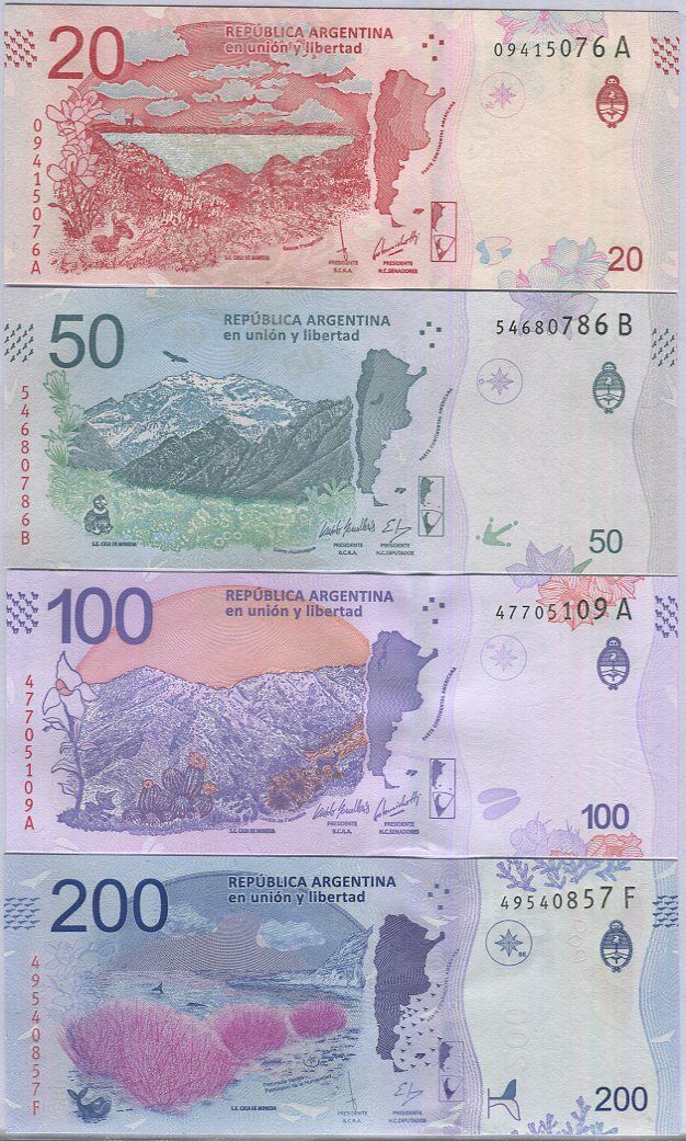 ARGENTINA SET 4 PCS 20 50 100 200 PESOS 2017 2018 2019 P 361 363 363Aa UNC
