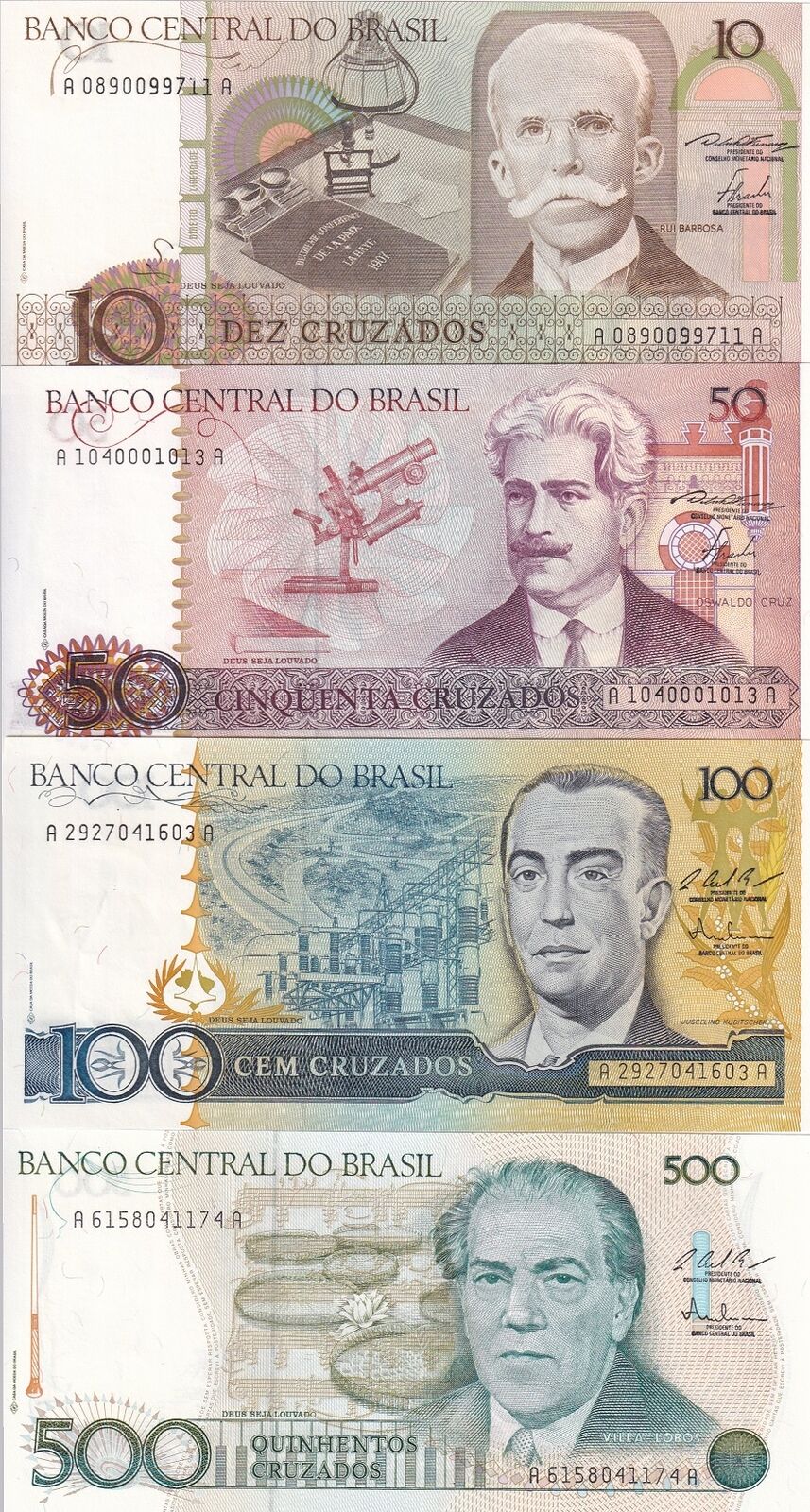 Brazil SET 4 PCS 10 50 100 500 CRUZ 1986-1988 P 209 P 210 P 211 P 212 UNC