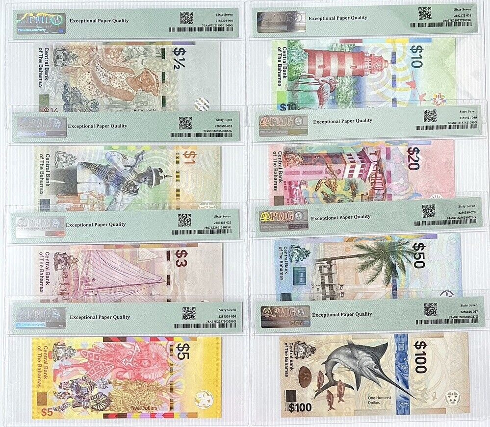 Bahamas Set 8; 1/2 1 3 5 10-100 D. 2016-21 P76Aa -P82 Superb Gem UNC PMG 67 68
