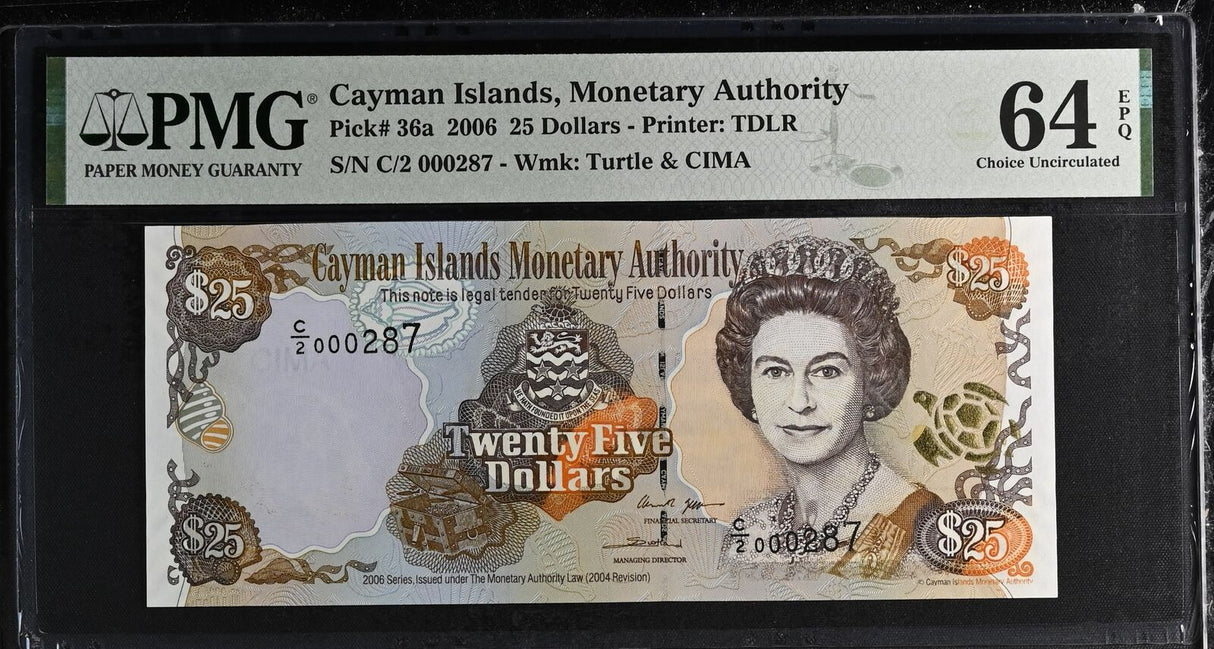 Cayman Islands 25 Dollars 2006 P 36 a # 287 Choice UNC PMG 64 EPQ