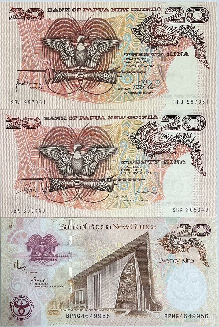 Papua New Guinea Set 3 Pcs of 20 KINA ND 1995-2008 P 10 b c P 36 UNC