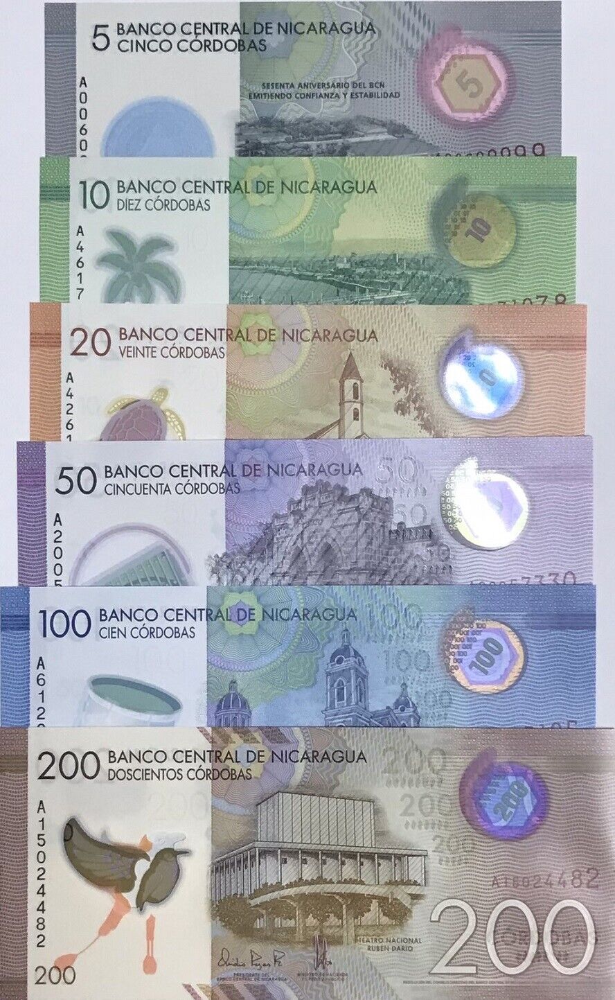 Nicaragua Set 6 UNC 5 10 20 50 100 200 Cordobas 2014-2021 Polymer P 209 -219 UNC