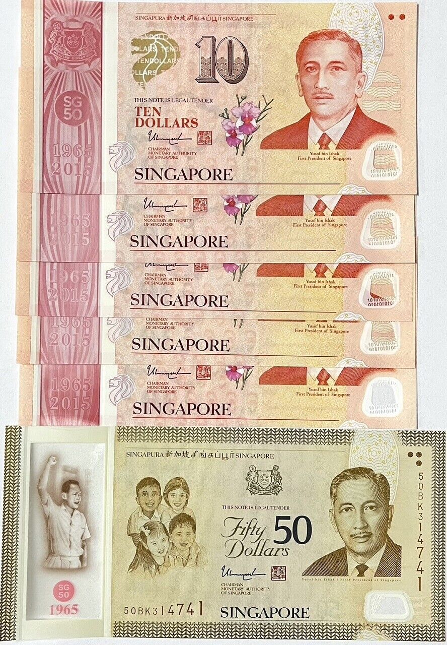 Singapore SET 6 UNC 10 Dollar x 5 PCS 50 dollar 2015 Com. P 56 57 58 56 60 P 61