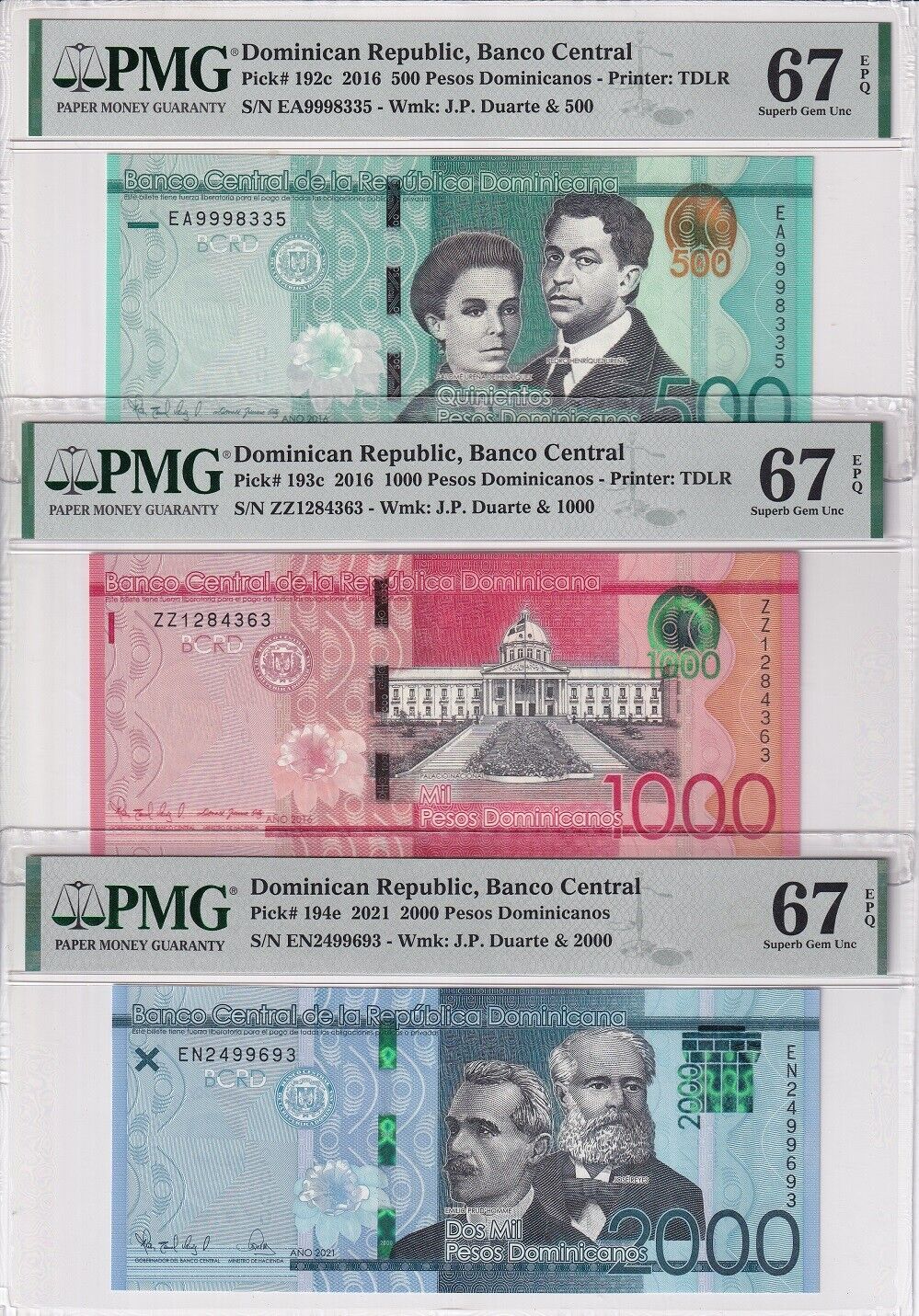 Dominican Set 6; 50-200 500-2000 Pesos 2016-21 P189- 194 Superb Gem UNC PMG 67