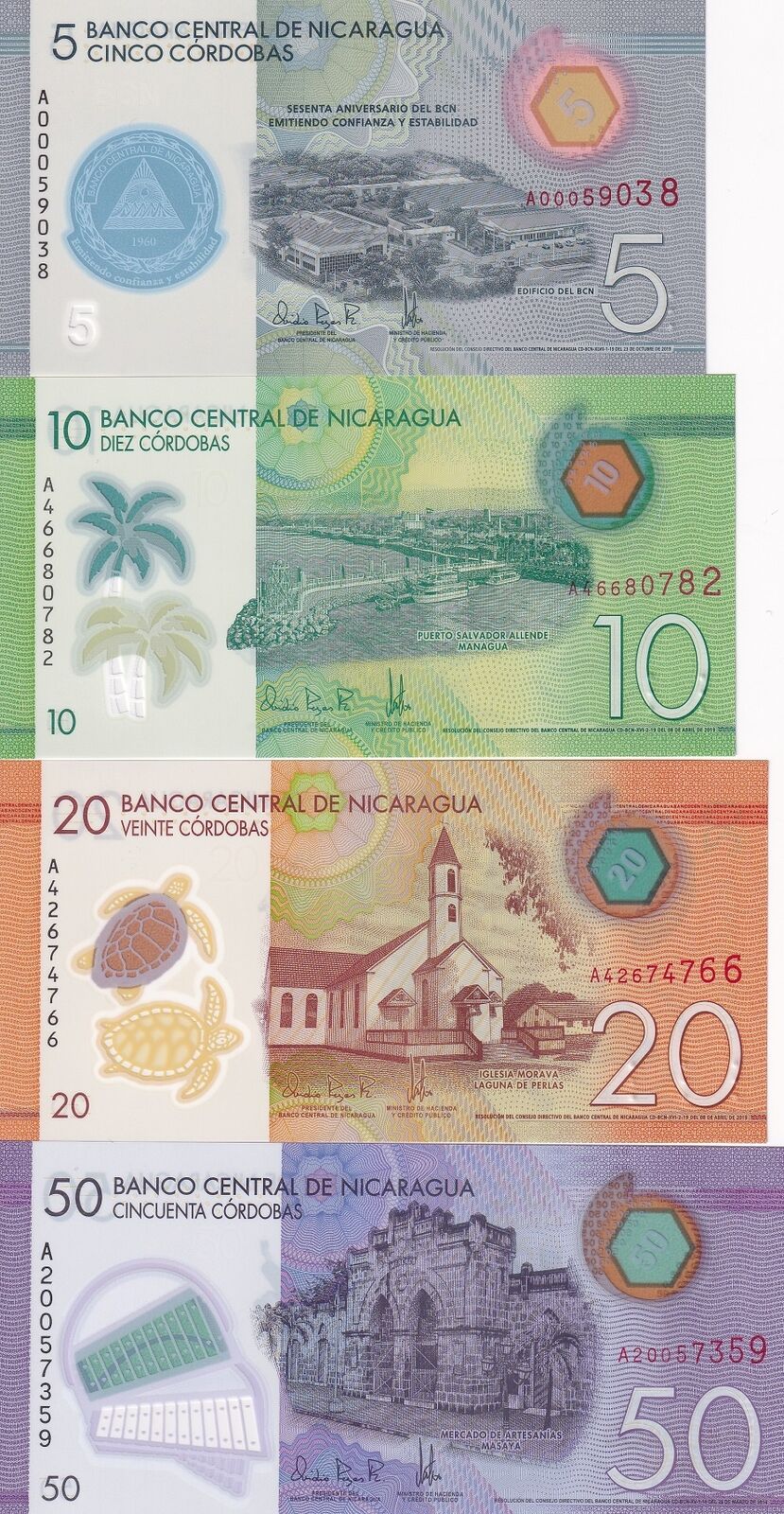 Nicaragua Set 4 Pcs 5 10 20 50 Cordobas 2014-2022 P 209 210 211 P 219 UNC