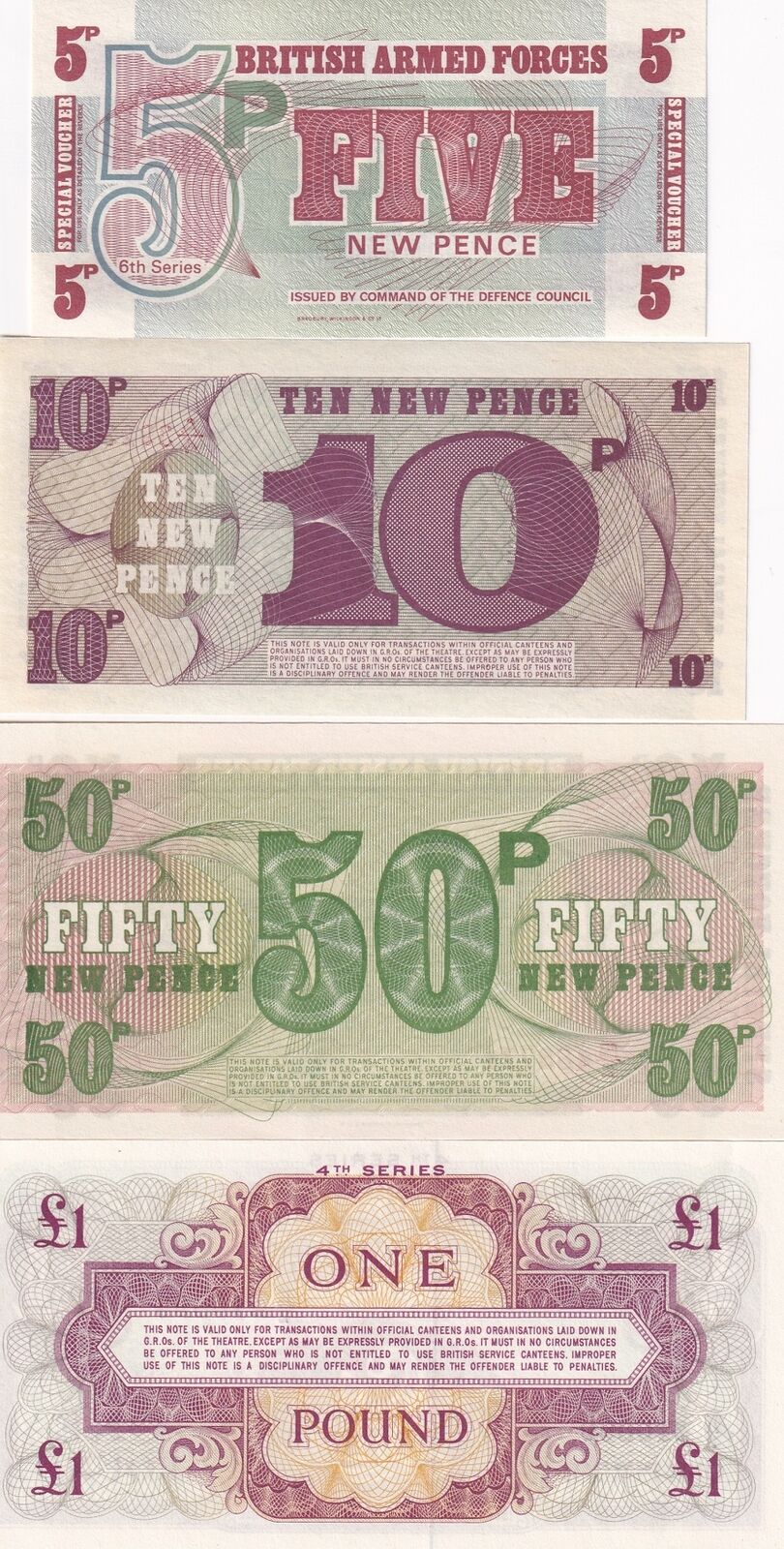 Great Britain Armed Forces Set 4 PCS 1 5 10 50 Pound P M36 M47 M48 M 49 UNC
