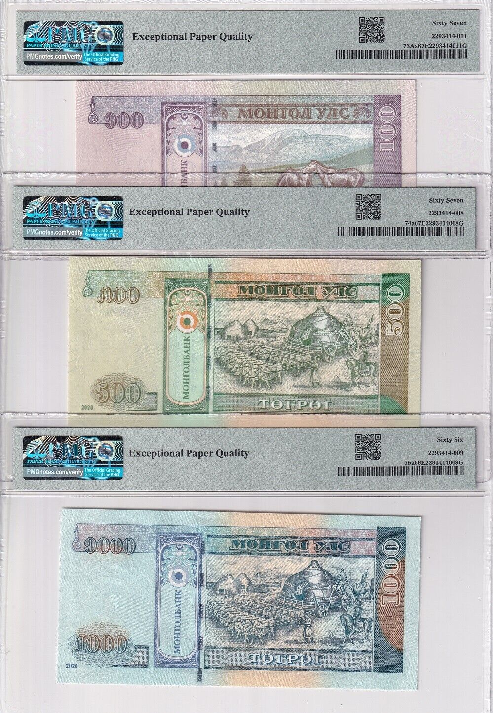 Mongolia Set 6; 10-50-500 1000 T.2020 P62 63 72-75 Superb Gem UNC PMG 65-68 EPQ